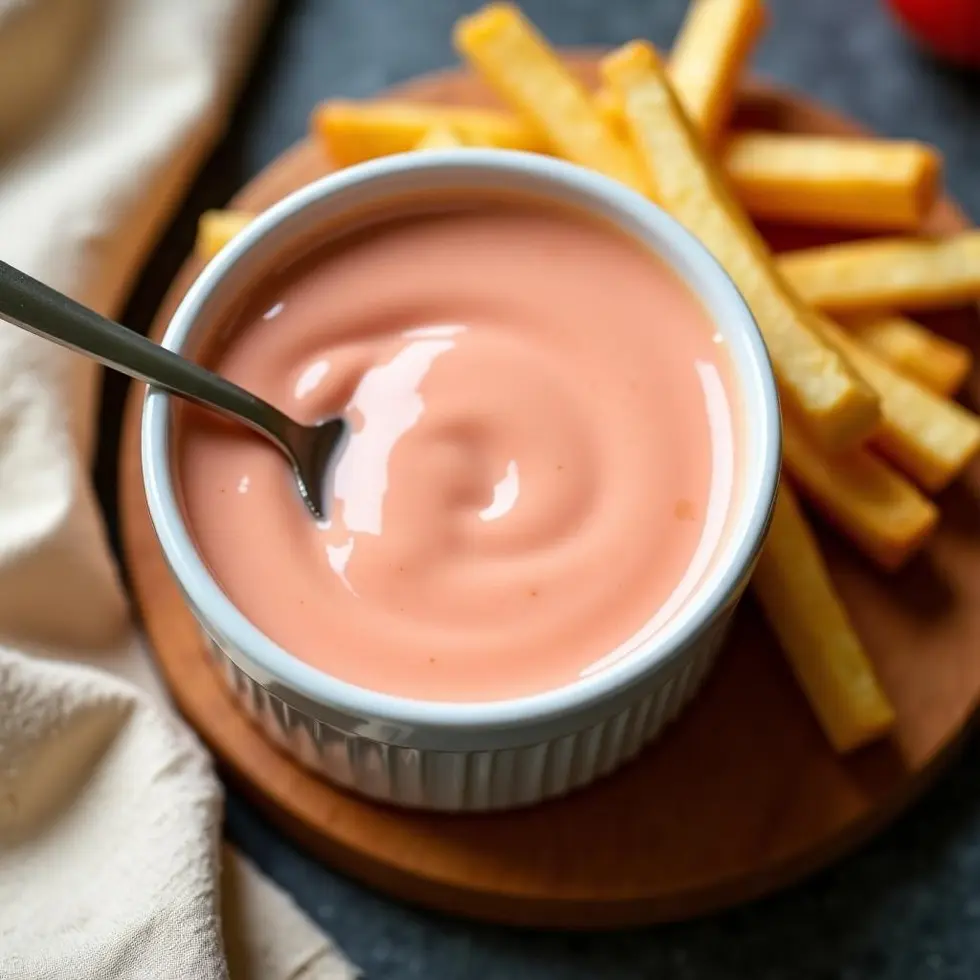 Overhead view of creamy dipping sauce in ramekin with spoon and golden fries beside it