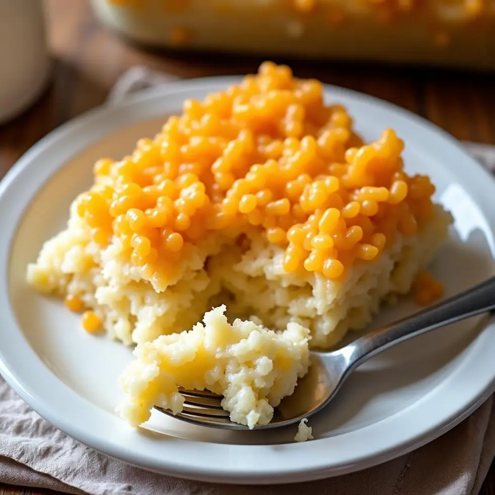 Serving of hashbrown casserole on a white plate showing creamy potato layers
