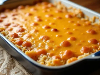 Cheesy hashbrown casserole with golden melted cheddar on top in a baking dish