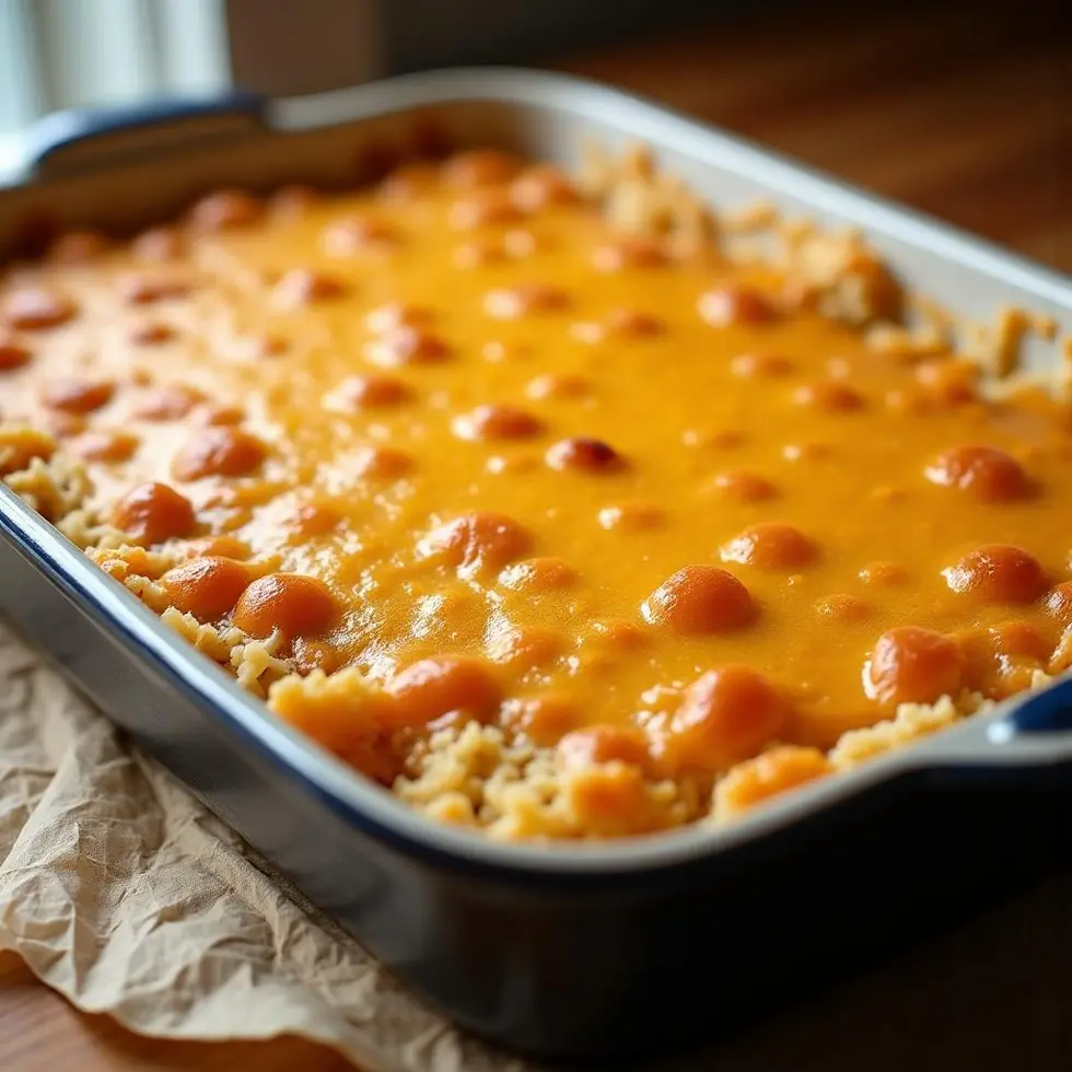 Cheesy hashbrown casserole with golden melted cheddar on top in a baking dish — copycat recipe cracker barrel hashbrown casserole