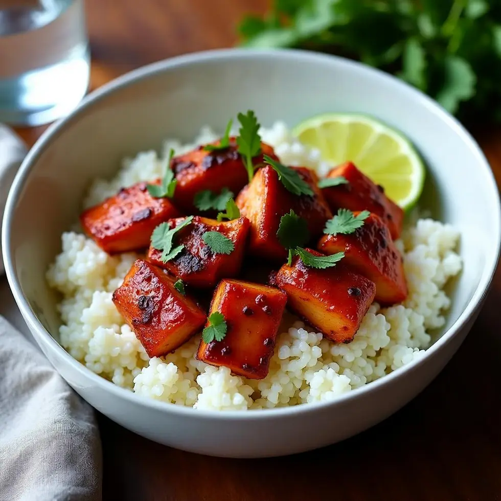 Chipotle-style chicken burrito bowl with charred pieces over white rice and lime wedge