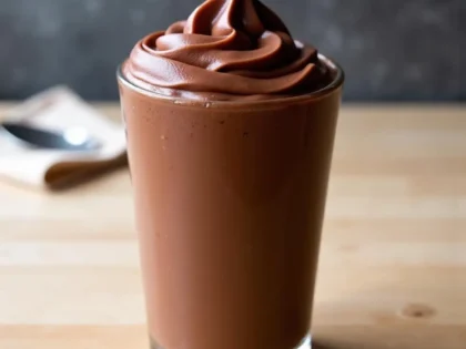 Thick chocolate frosty in a clear glass with creamy soft-serve texture on a wooden table