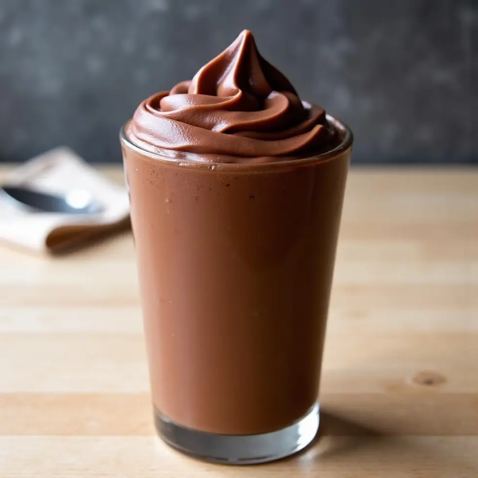 Thick chocolate frosty in a clear glass with creamy soft-serve texture on a wooden table — copycat recipe for wendy's frosty