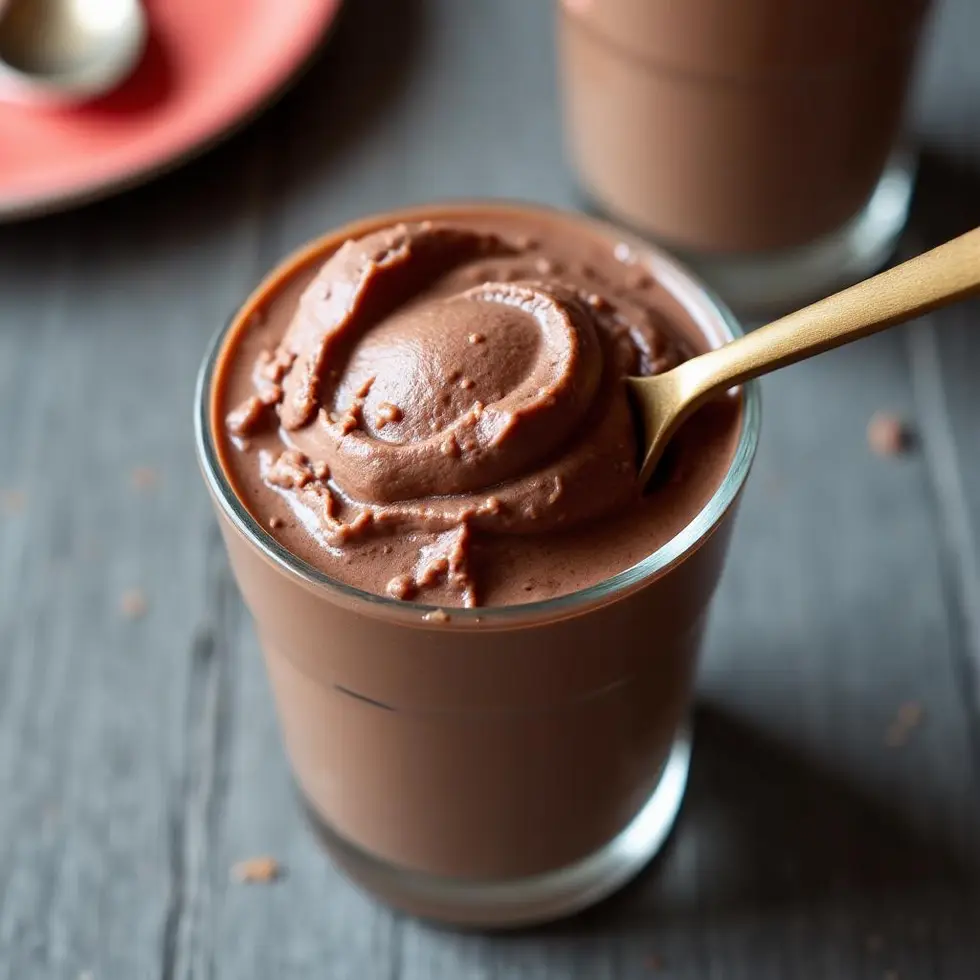 Chocolate frosty in glass with spoon showing thick creamy consistency