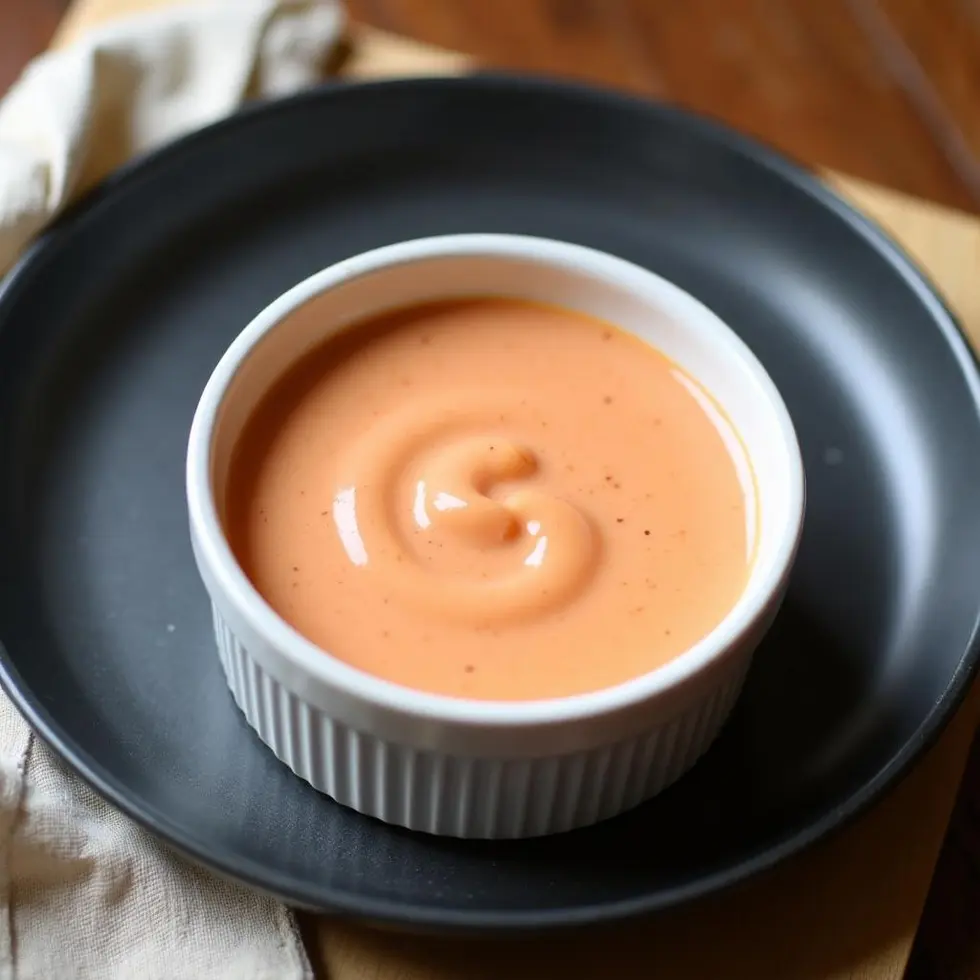 Creamy peachy-pink chipotle southwest sauce with red pepper flecks in a white ramekin on a wooden board — copycat subway chipotle southwest sauce
