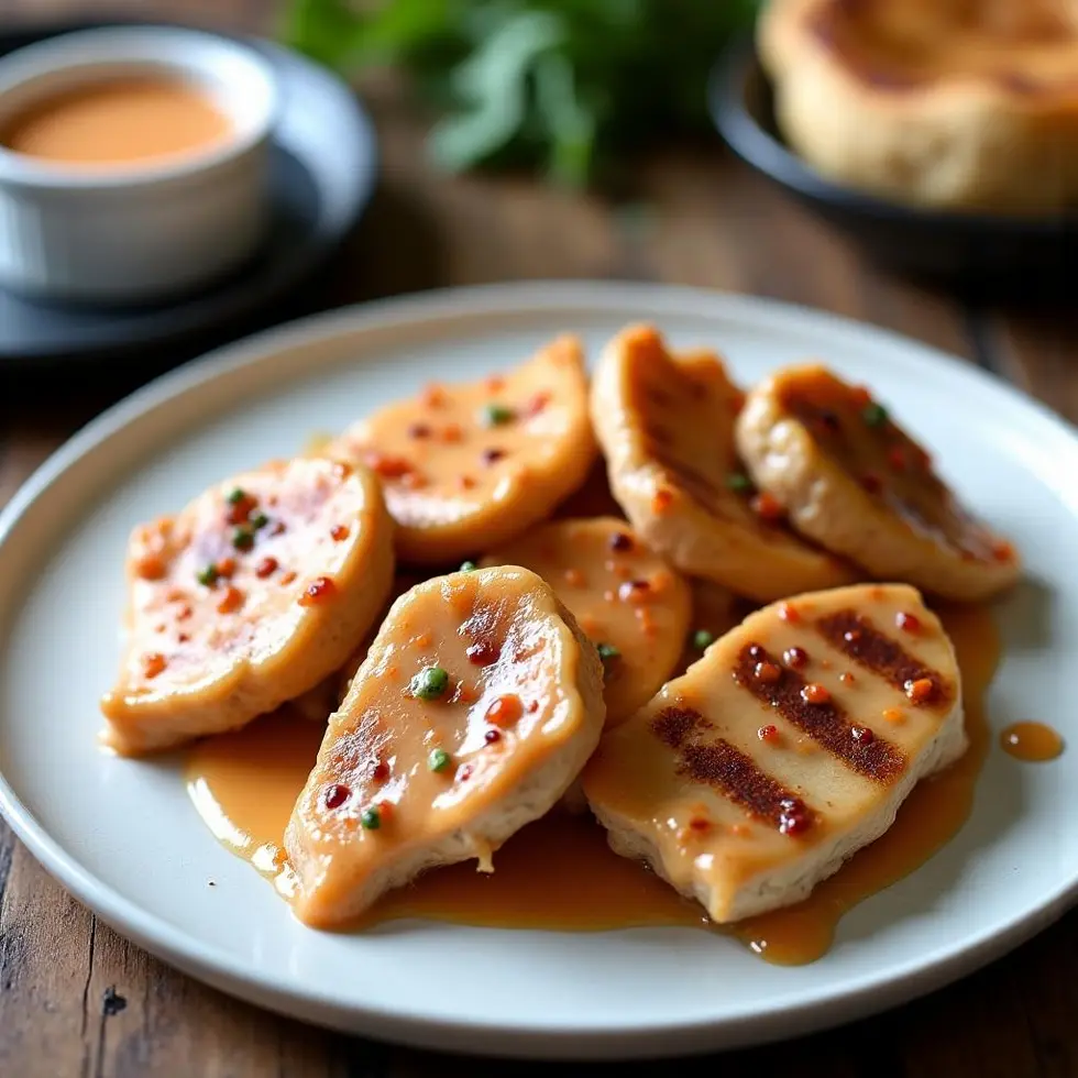 Creamy chipotle southwest sauce drizzled over golden-brown grilled chicken pieces on a white plate
