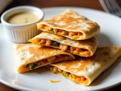 Golden brown chicken quesadilla cut into wedges on a white plate with creamy jalapeño sauce in a ramekin