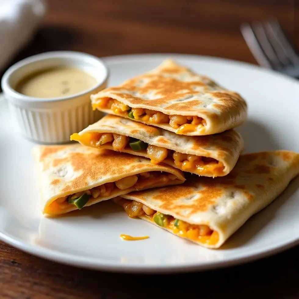 Golden brown chicken quesadilla cut into wedges on a white plate with creamy jalapeño sauce in a ramekin