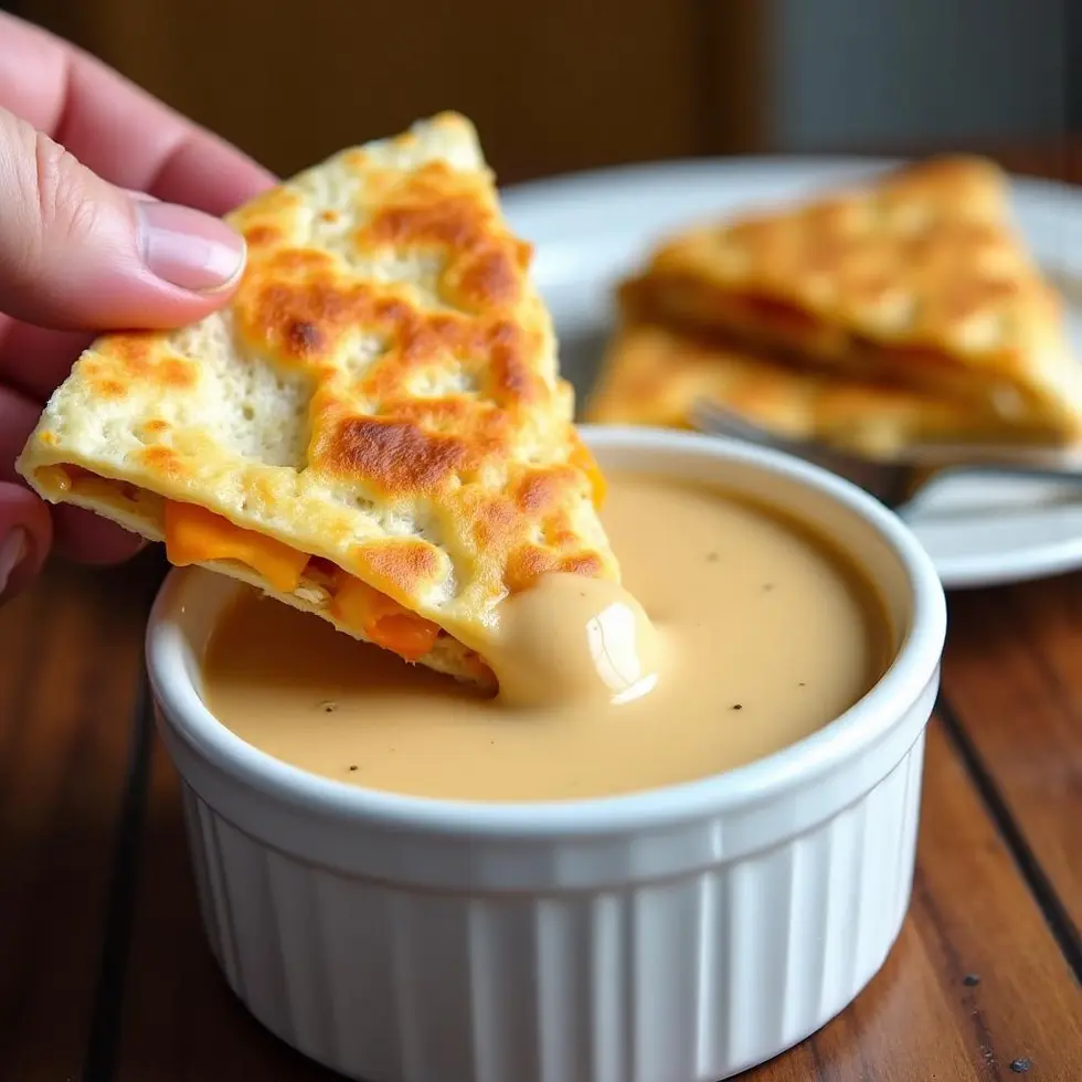 Quesadilla wedge being dipped into creamy jalapeño sauce showing melted cheese and chicken inside