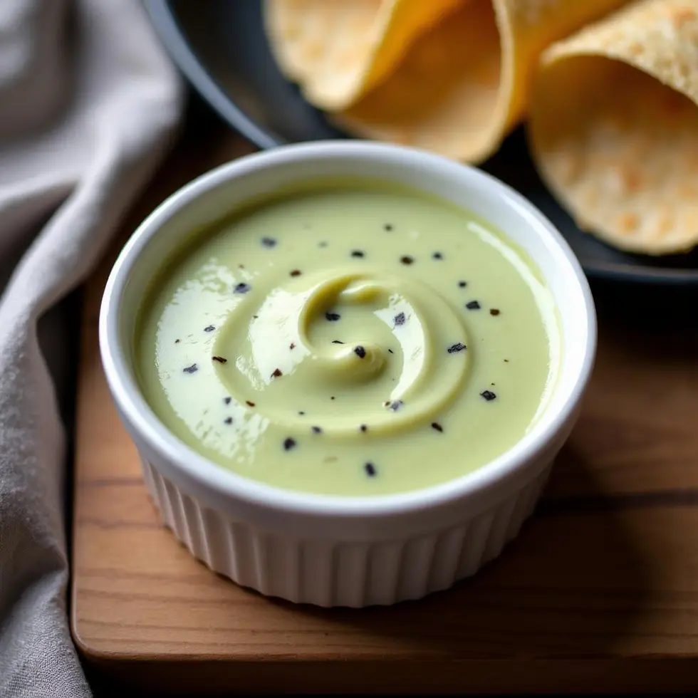 Creamy jalapeno sauce in white ramekin with pale green color and minced jalapeno flecks — copycat taco bell creamy jalapeno sauce