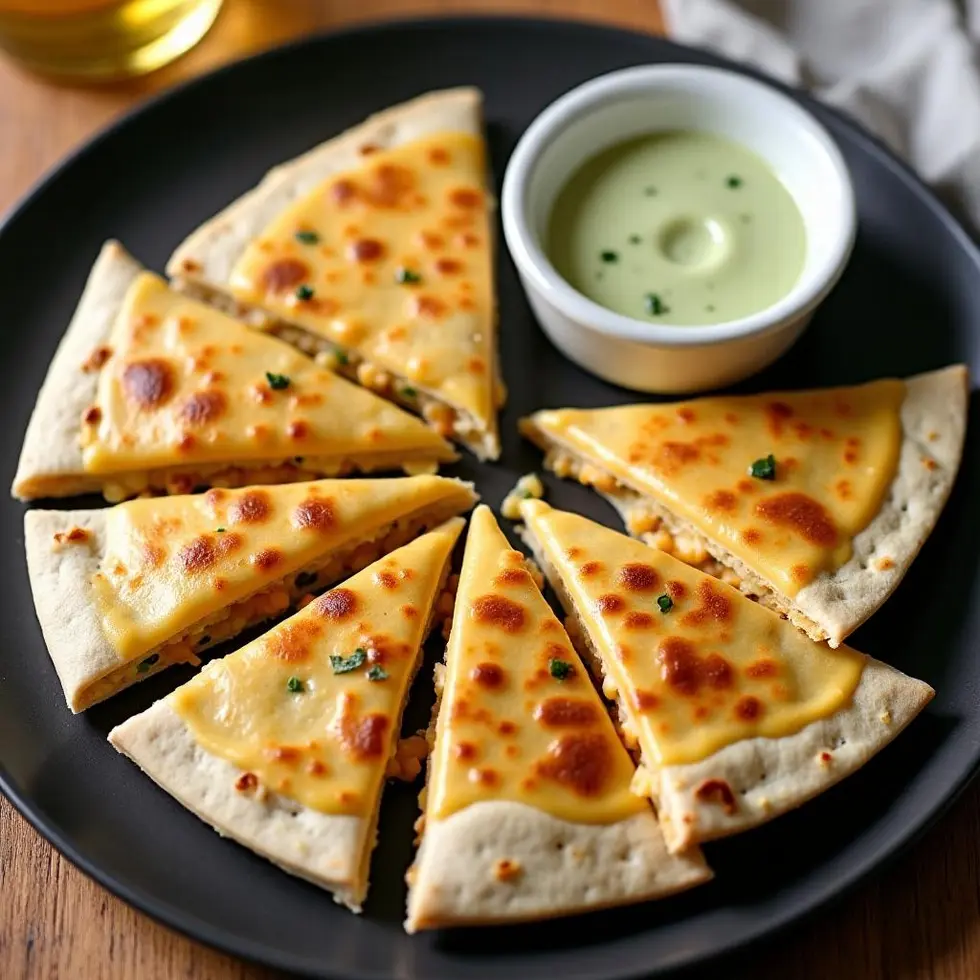 Quesadilla wedges with creamy jalapeno sauce drizzled on top and served in ramekin