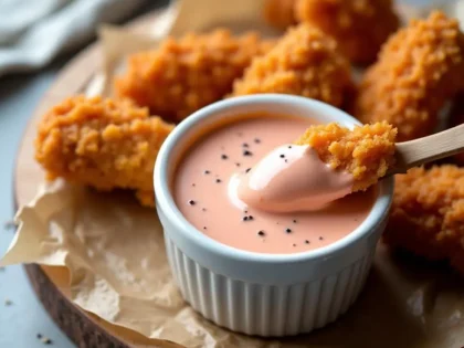 Pale coral pink Zax sauce in white ramekin with crispy chicken tenders on wooden board