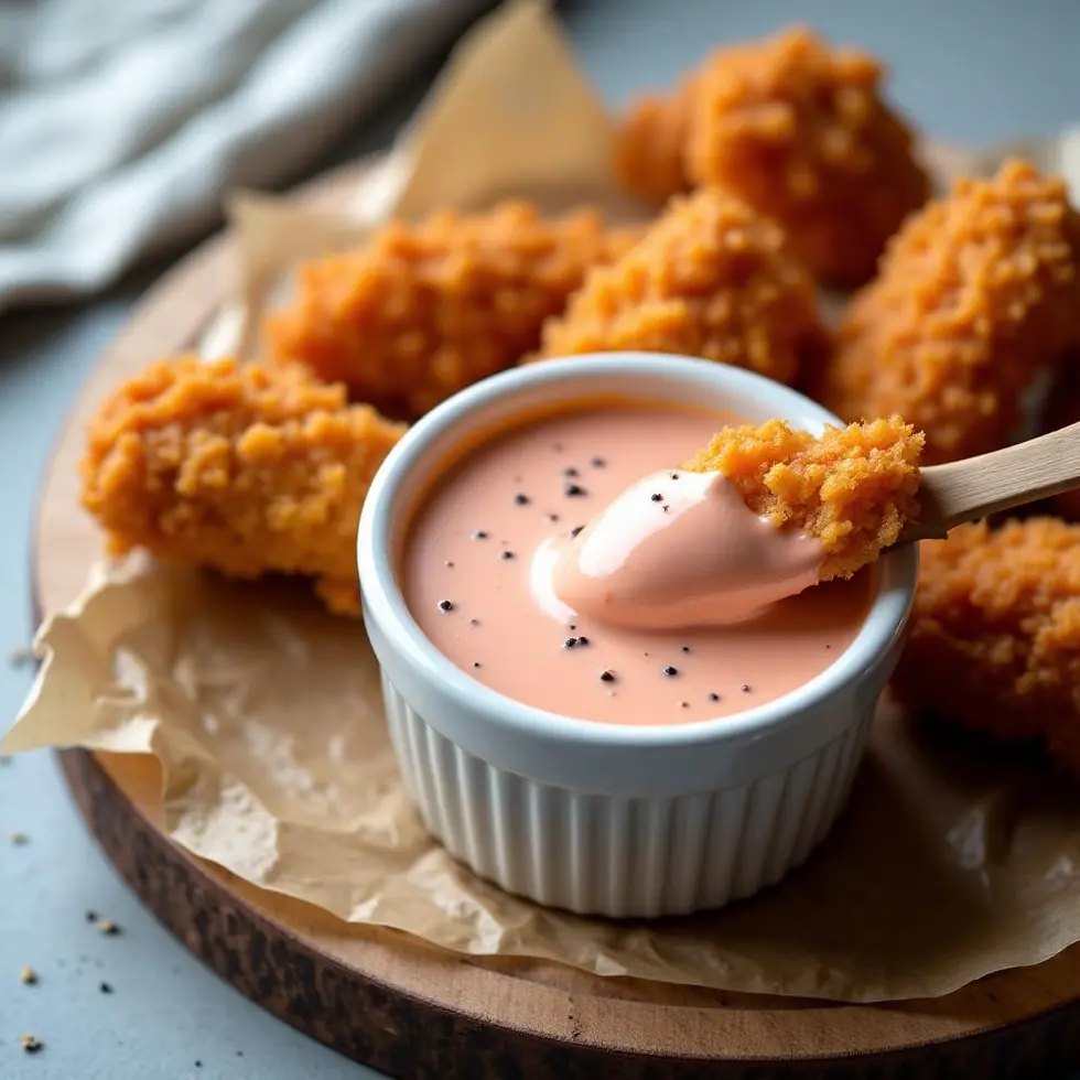 Pale coral pink Zax sauce in white ramekin with crispy chicken tenders on wooden board — copycat zax sauce recipe