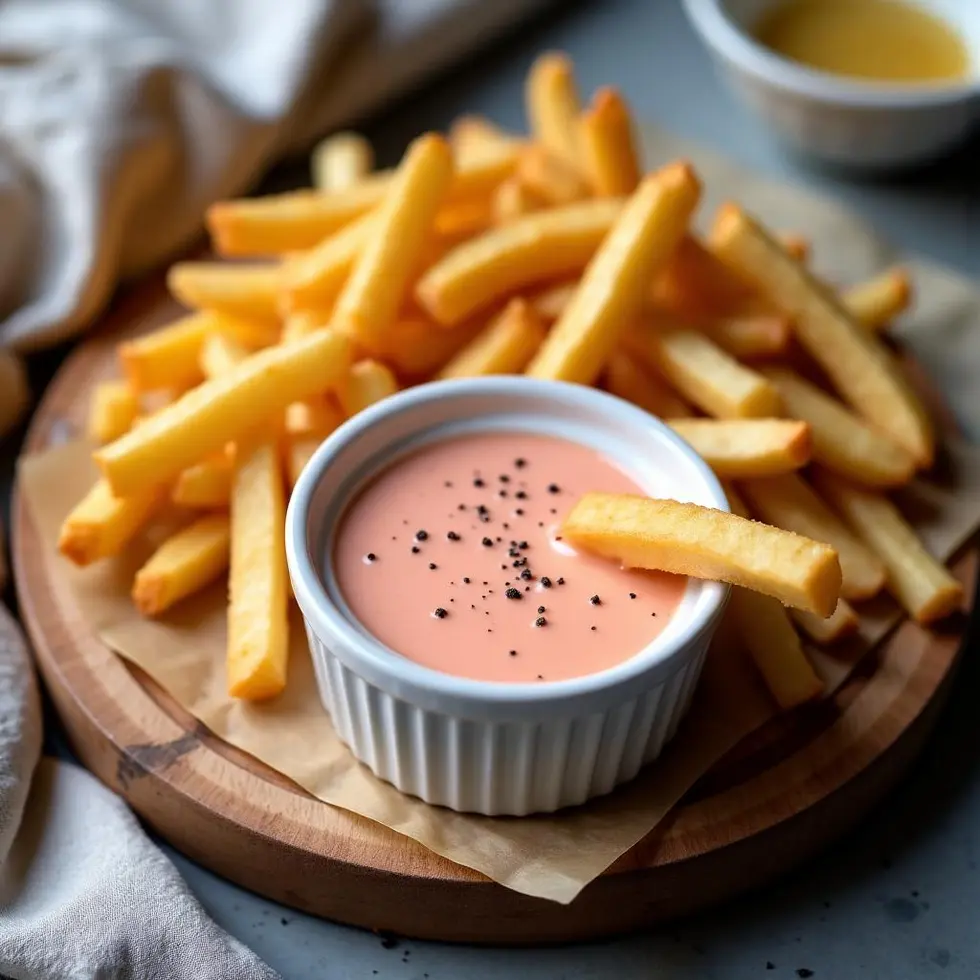 Creamy dipping sauce in white ramekin served with golden french fries on wooden board
