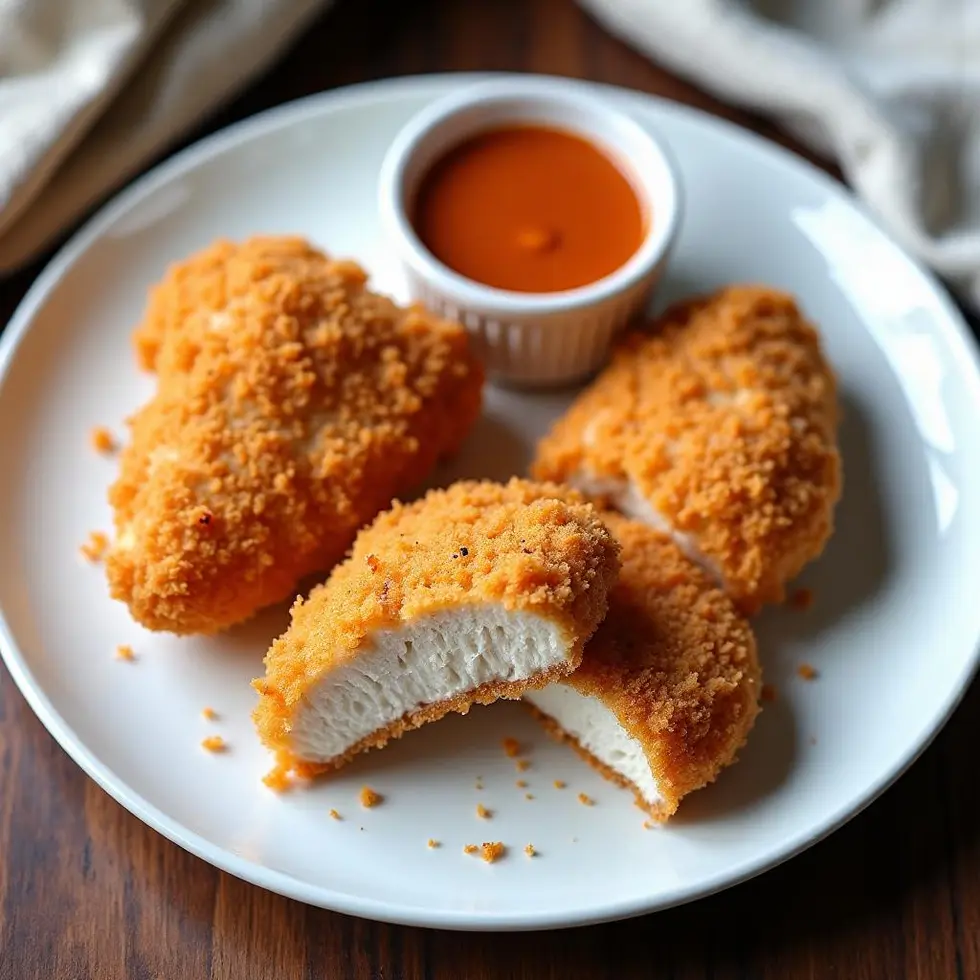 Sliced crispy chicken showing juicy interior with dipping sauce