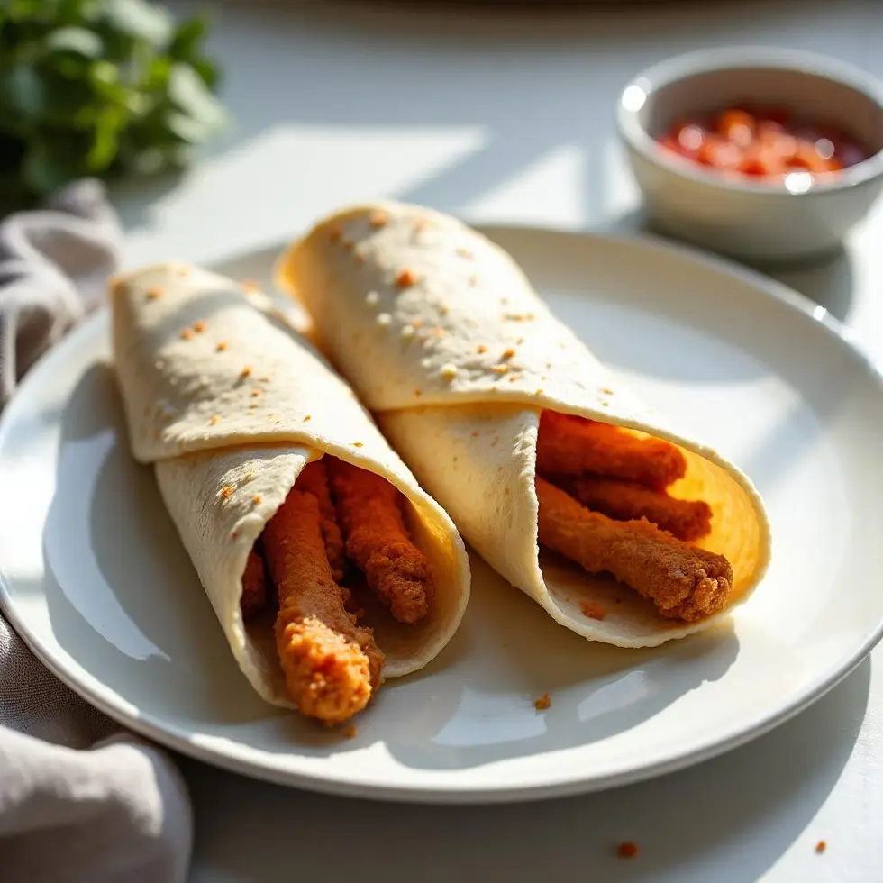 Whole crispy chicken wrap rolled tightly on a white plate, ready to serve
