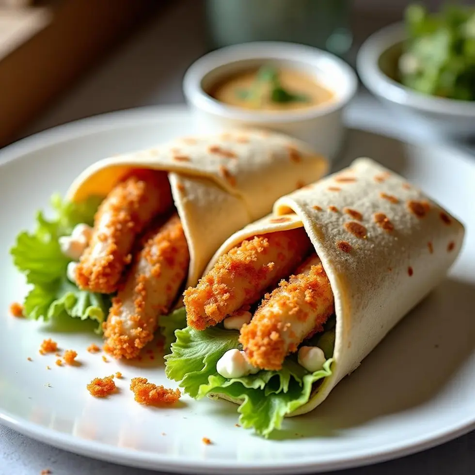 Crispy chicken wrap cut in half showing golden panko-coated strips, lettuce, and creamy sauce in a flour tortilla