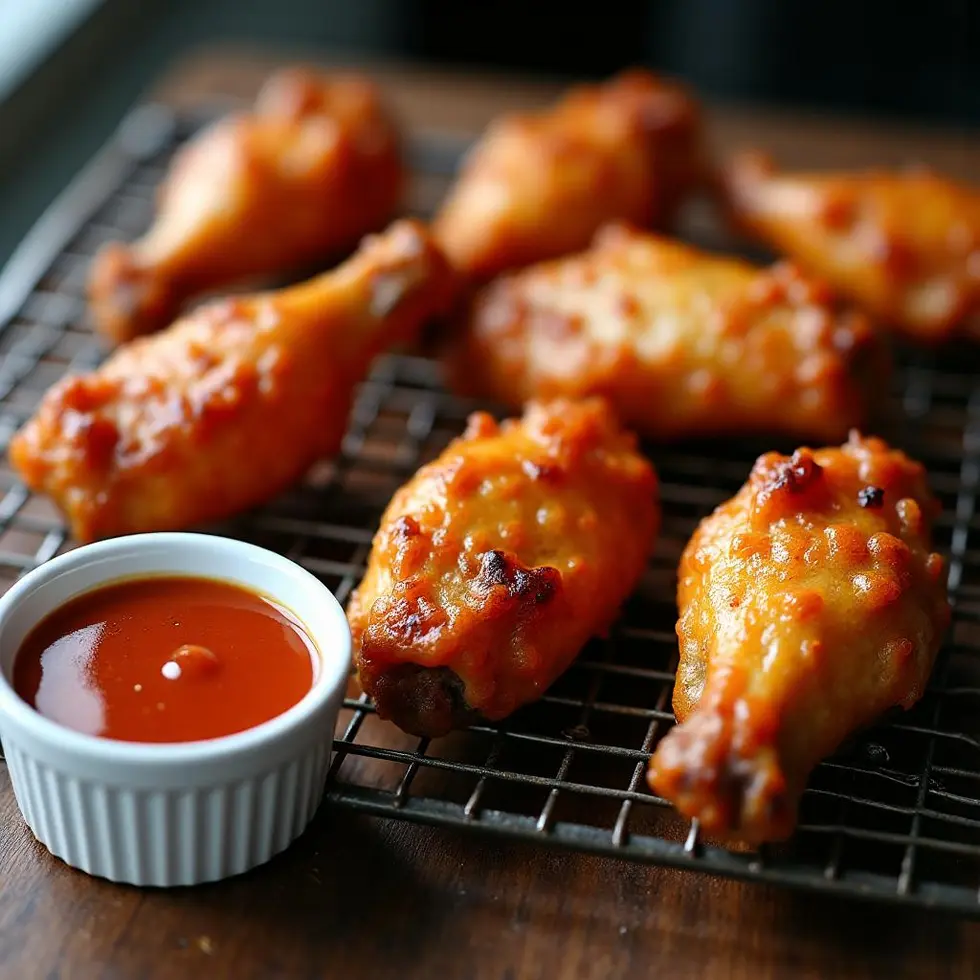 Baked wings on a rack with a small bowl of buffalo sauce for dipping