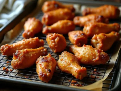 Golden brown crispy chicken wings on a wire rack with uneven caramelized patches