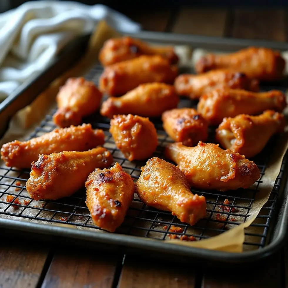 Golden brown crispy chicken wings on a wire rack with uneven caramelized patches — crispy oven baked chicken wings recipe
