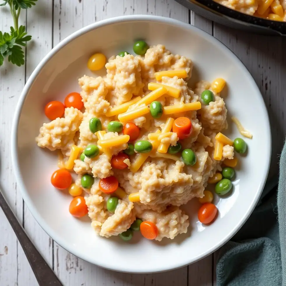 Serving of the casserole in a white bowl with fork on wooden table