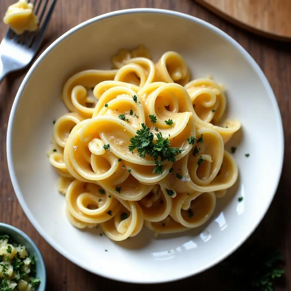Overhead view of the pasta twirled in the bowl with a fork and parmesan dish beside it