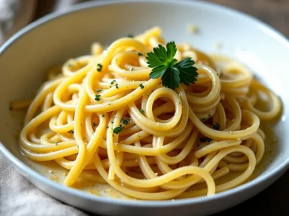 Garlic butter pasta in a white bowl, glossy strands coated with parmesan and thin garlic slices