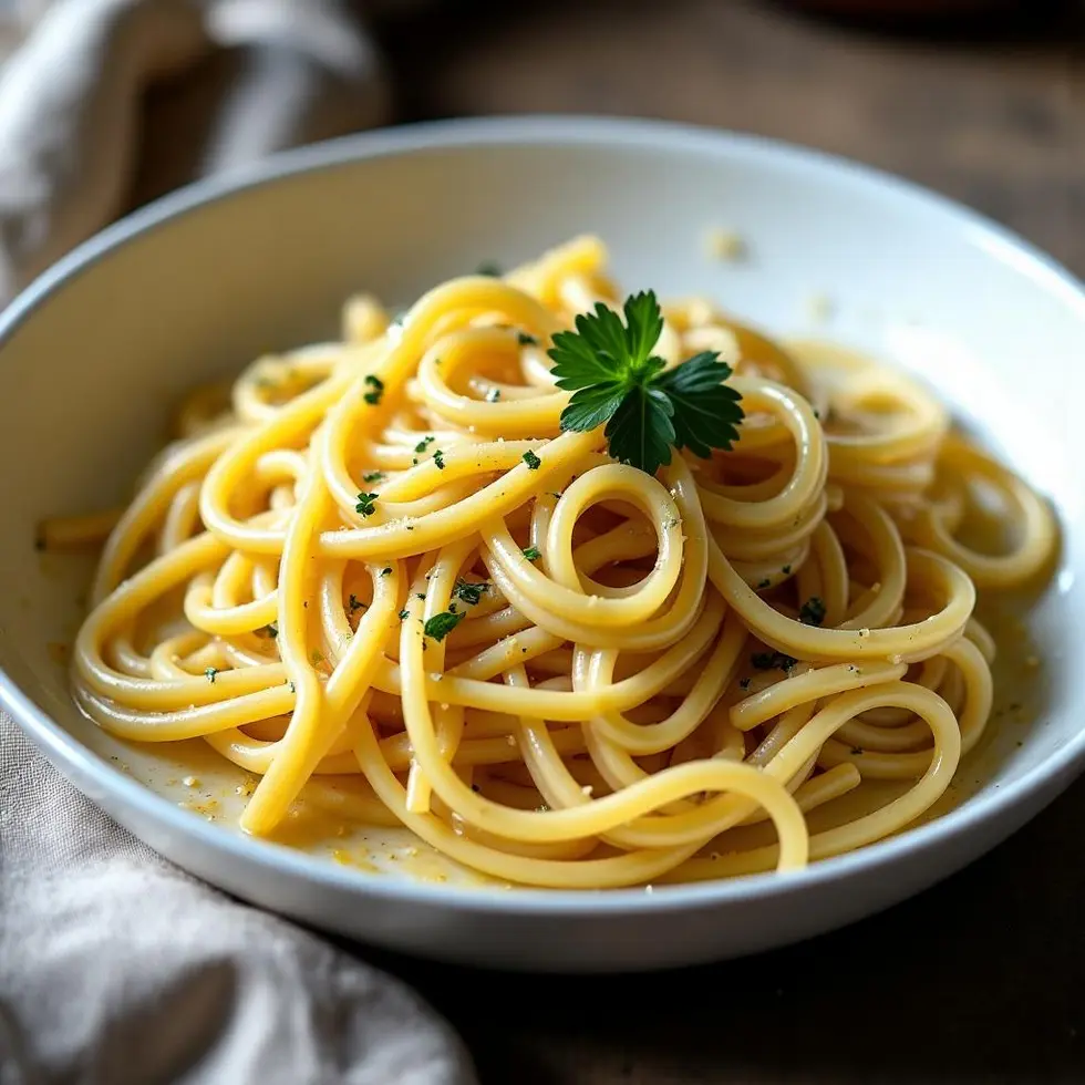 Garlic butter pasta in a white bowl, glossy strands coated with parmesan and thin garlic slices — easy garlic pasta recipes