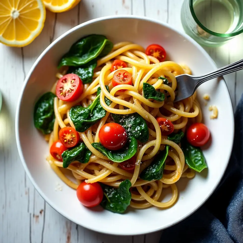 Overhead view of the finished pasta dish with a fork twirling the glossy lemon-coated strands