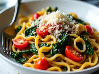 Veggie pasta with lemon garlic sauce in a white bowl, topped with halved cherry tomatoes and wilted spinach