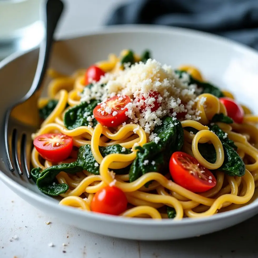 Veggie pasta with lemon garlic sauce in a white bowl, topped with halved cherry tomatoes and wilted spinach