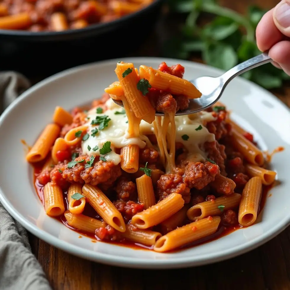 Bowl of beef pasta with cheese stretch and fork