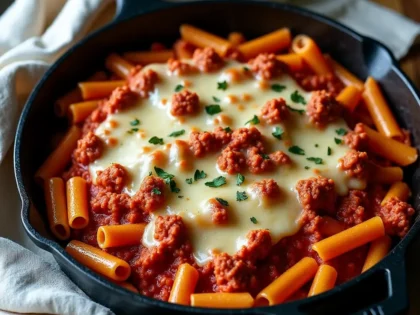 Skillet beef pasta with melted mozzarella in cast iron pan on wooden table