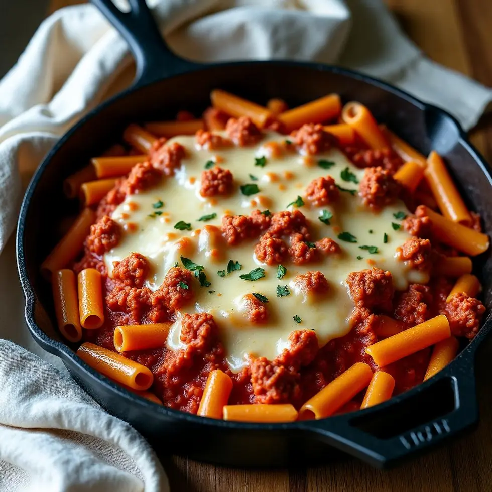 Skillet beef pasta with melted mozzarella in cast iron pan on wooden table