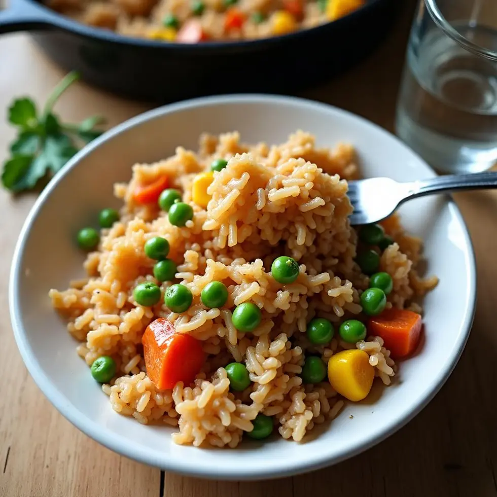 Serving of the skillet meal in a white bowl with a fork, showing fluffy rice texture