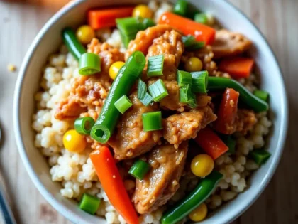 Chicken and vegetable rice bowl with shredded chicken, mixed vegetables, and green onions in a ceramic bowl