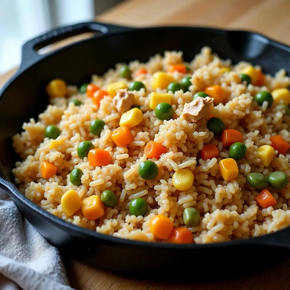Chicken and rice skillet with shredded chicken, fluffy rice and mixed vegetables in a cast-iron pan