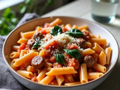 Creamy Italian sausage pasta in a shallow bowl with penne, browned sausage, and wilted spinach