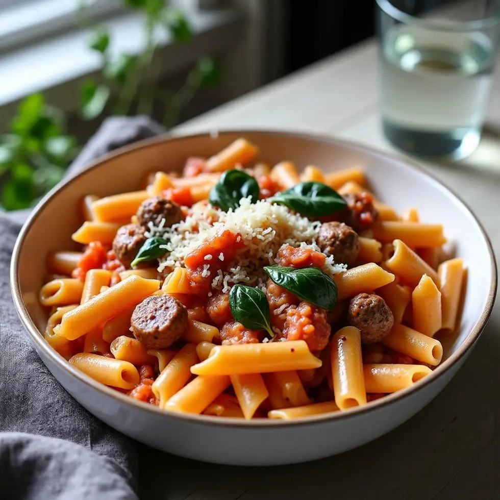 Creamy Italian sausage pasta in a shallow bowl with penne, browned sausage, and wilted spinach — easy sausage pasta recipes
