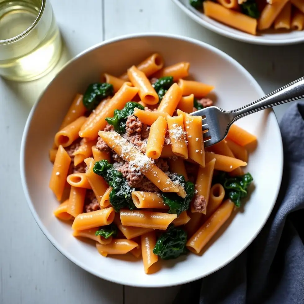 Overhead view of the pasta with a fork taking a bite, extra Parmesan on top