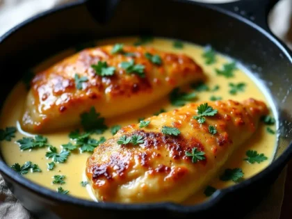 Golden chicken cutlets in garlic butter sauce with parsley in a cast-iron skillet