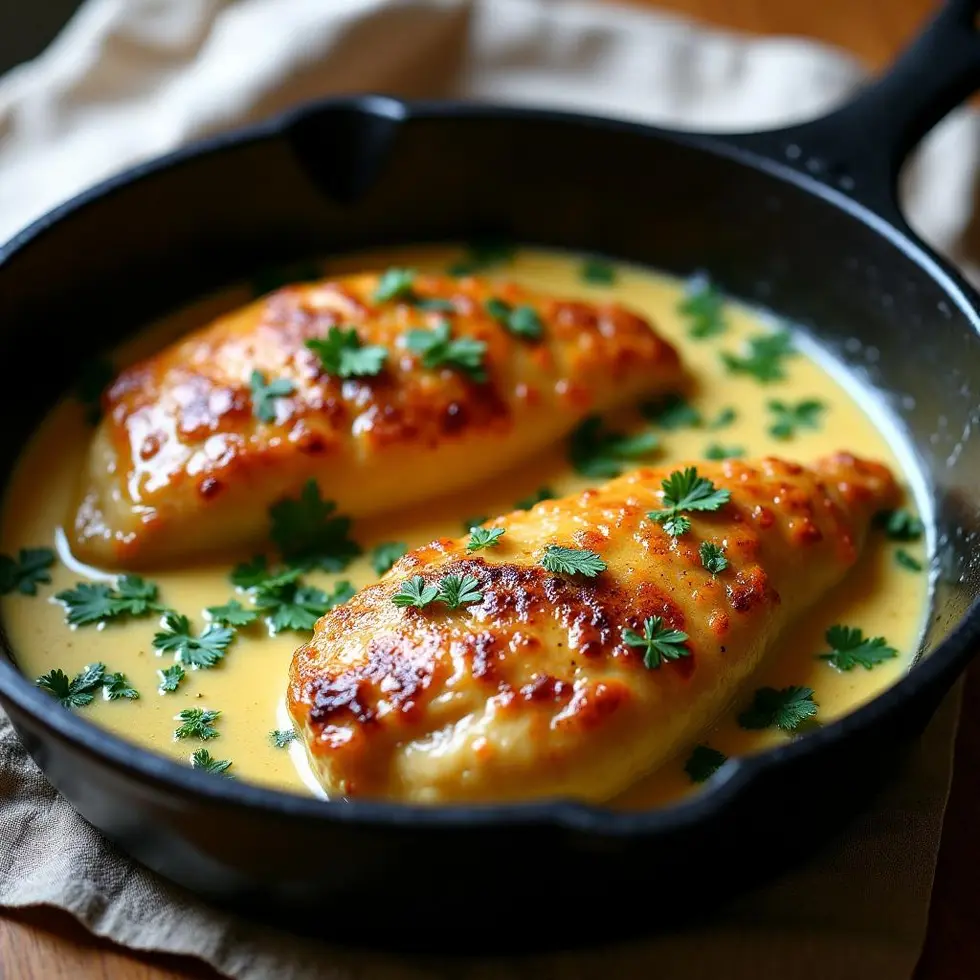 Golden chicken cutlets in garlic butter sauce with parsley in a cast-iron skillet — easy weeknight chicken recipes