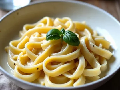 Creamy fettuccine in a white bowl with glossy Parmesan sauce coating every strand