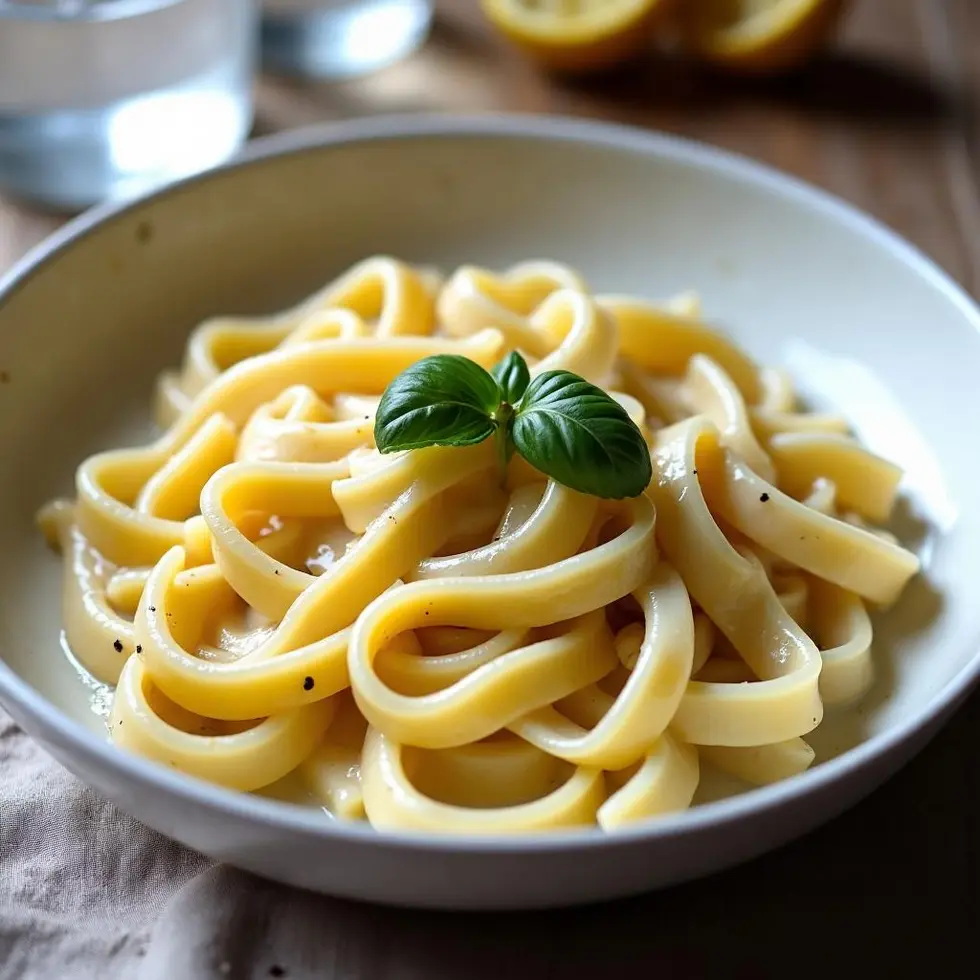 Creamy fettuccine in a white bowl with glossy Parmesan sauce coating every strand