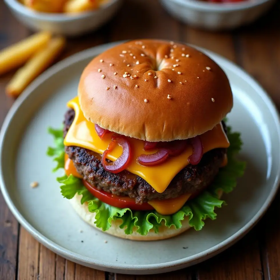 Overhead view of assembled BBQ burger showing layers of cheese, lettuce, and sauce
