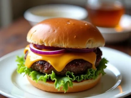 Juicy BBQ hamburger with melted cheddar, lettuce, and red onion on a toasted bun