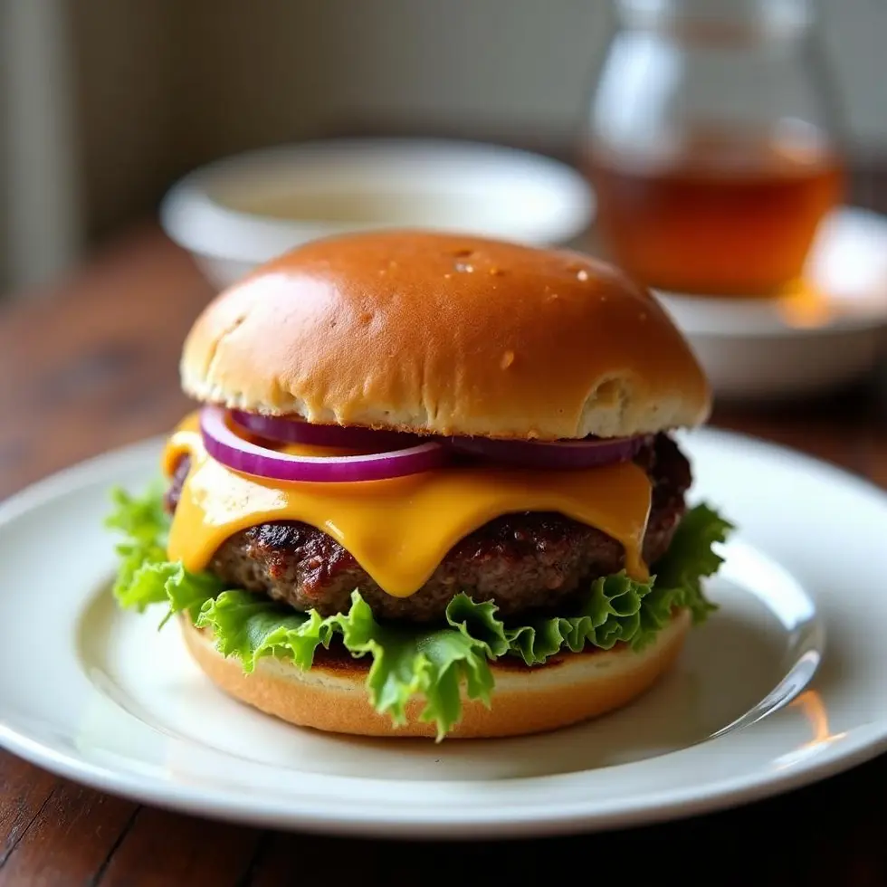 Juicy BBQ hamburger with melted cheddar, lettuce, and red onion on a toasted bun