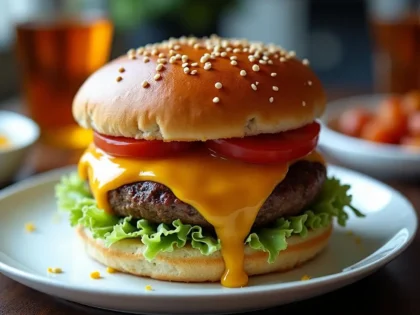 Cheeseburger with melted cheddar on a toasted bun with lettuce and tomato on a white plate