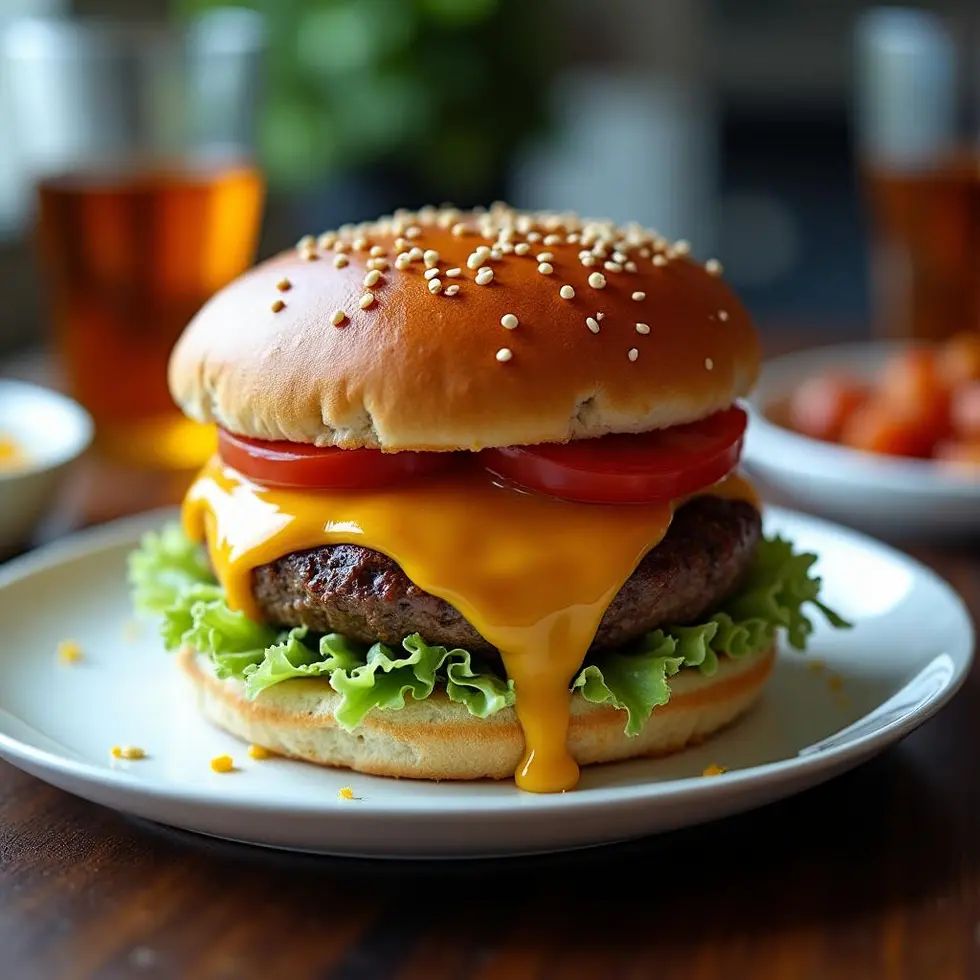 Cheeseburger with melted cheddar on a toasted bun with lettuce and tomato on a white plate