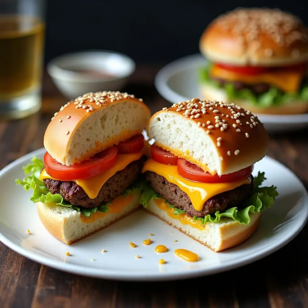 Cheeseburger cut in half showing juicy beef, melted cheese, and layered toppings inside